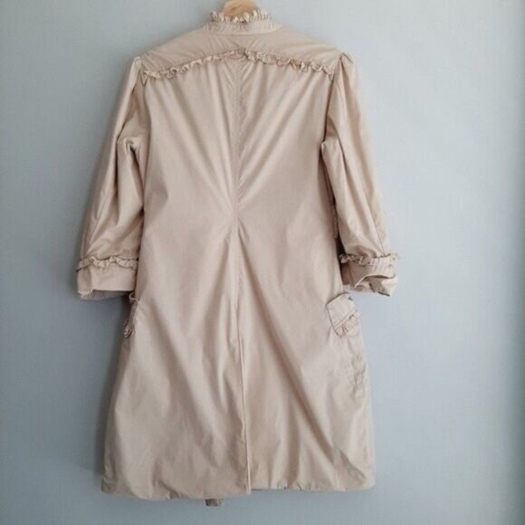 BEBE Light Short Coat Jacket w Ruffle Details Beige Sz S Flawed - Picture 8 of 15